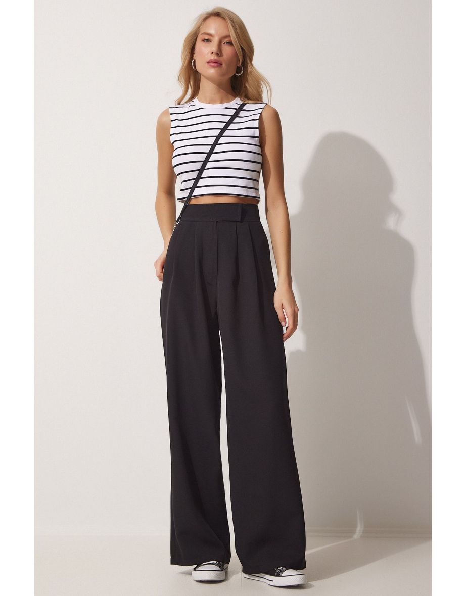 Women's Black Wide Leg Pants with Velcro Fastening