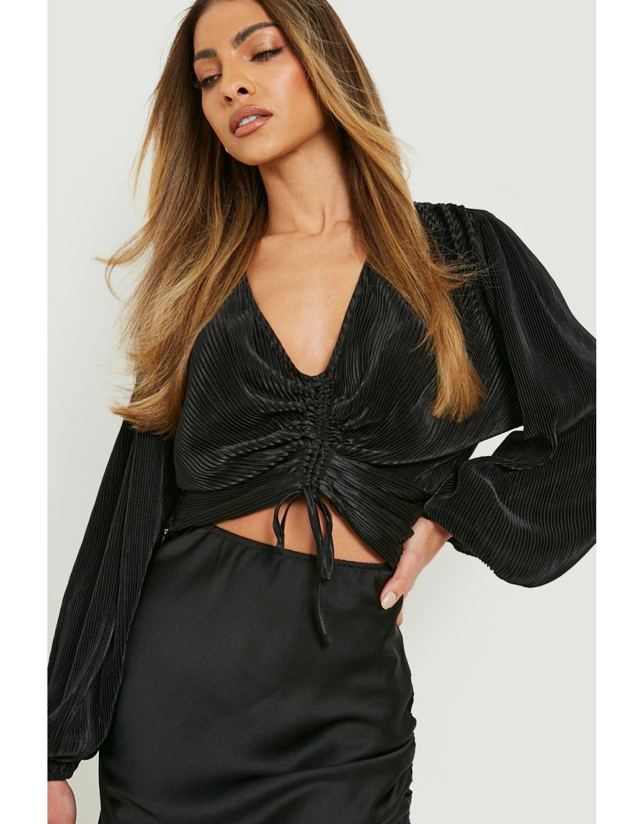 Ruched Front Plisse Long Sleeve Top - black - 3