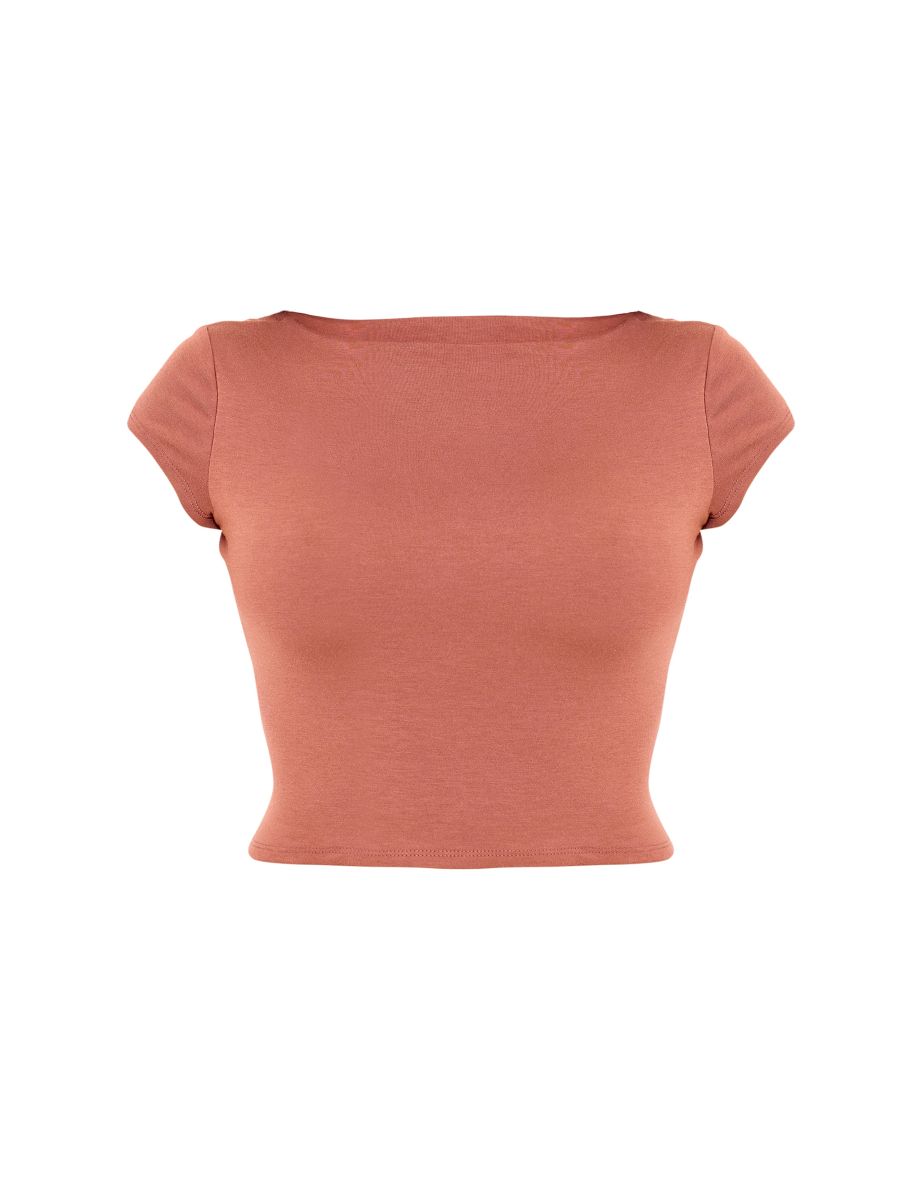 Chocolate Double Contour Jersey Cap Sleeve Scoop Back Top - 4