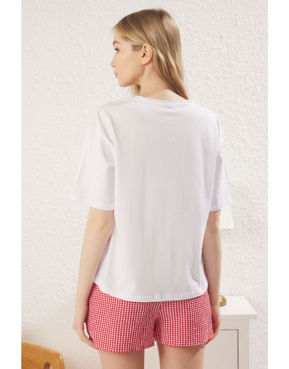 Red-White Checkered Shorts Top Knitted Bottom Woven Pajama Set - 4