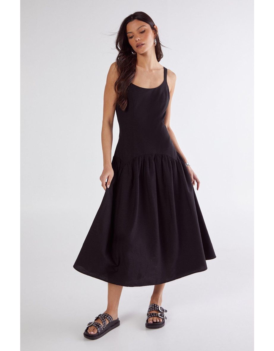 Linen Mix Drop Waist Seamed Midi Dress