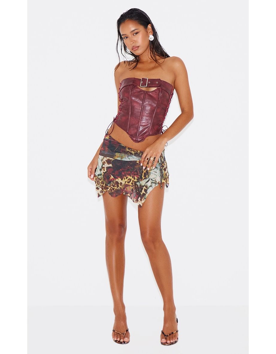 Multi Leopard Print Ruched Hanky Hem Skirt