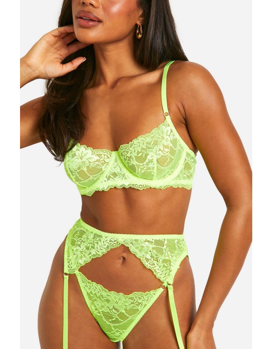 Neon Bra Thong And Suspender Set - neon-yellow - 3