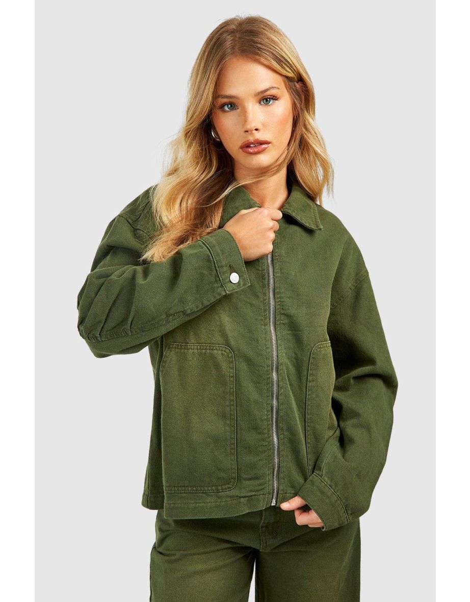 Sandblast Zip Through Denim Jacket - khaki