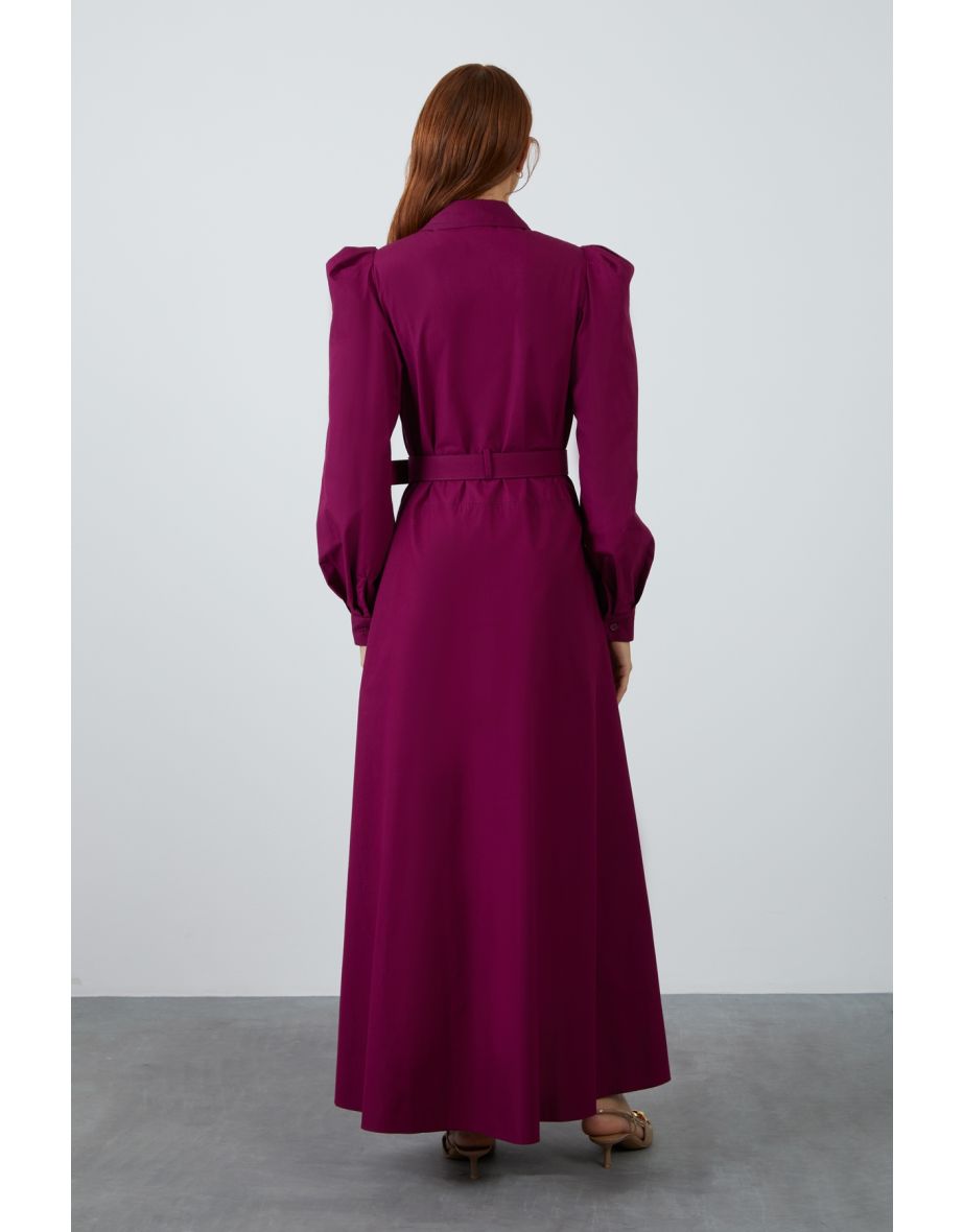 Belt-Detailed Pocketed Long Burgundy Dress - 3