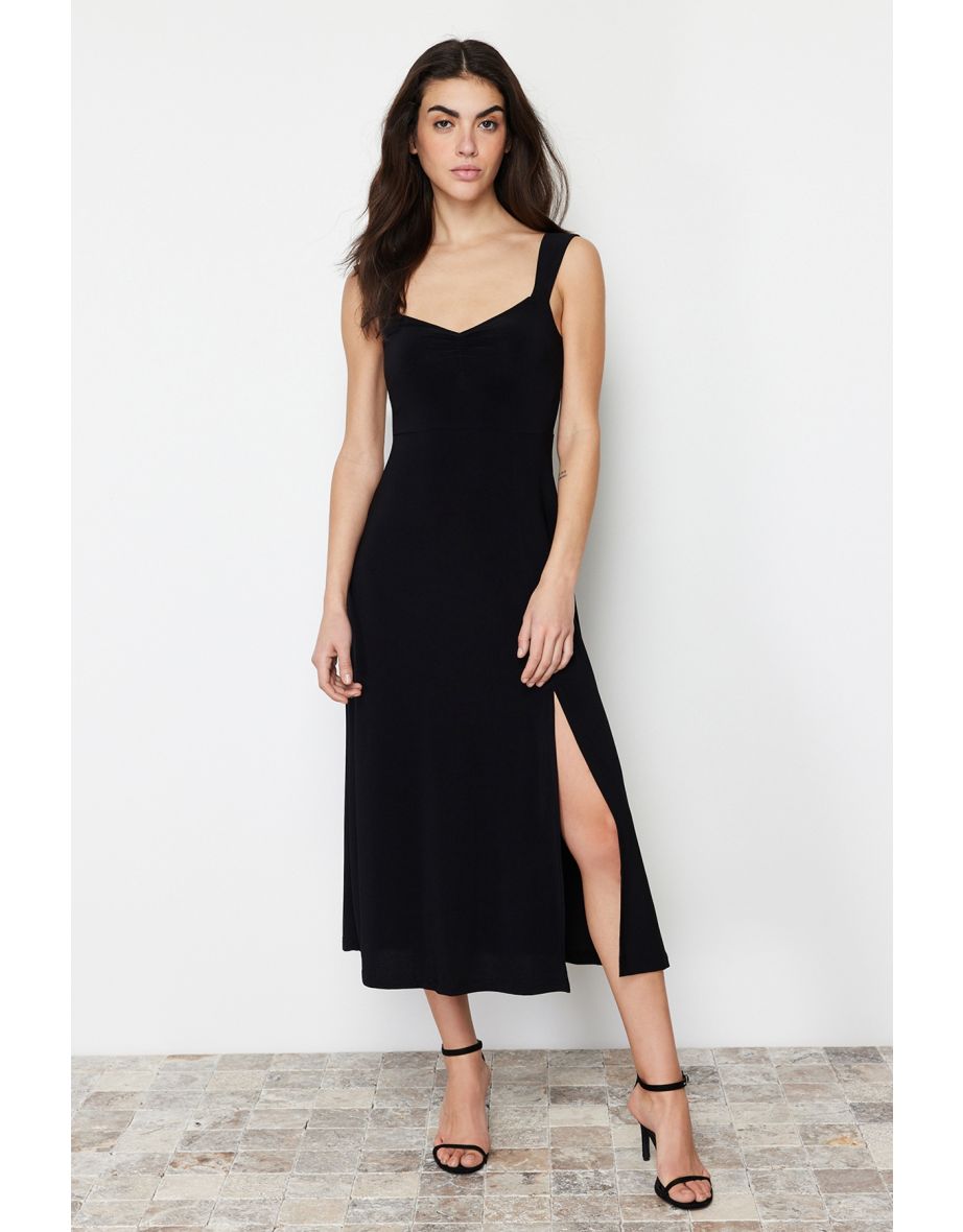 Black Sweetheart Neckline Gathered Strap Knitted Dress