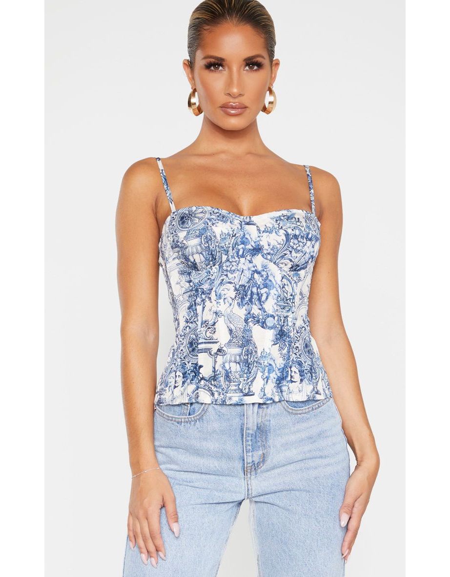 ASOS Lucia Cherub Print Corset Top With Side Boning in Blue