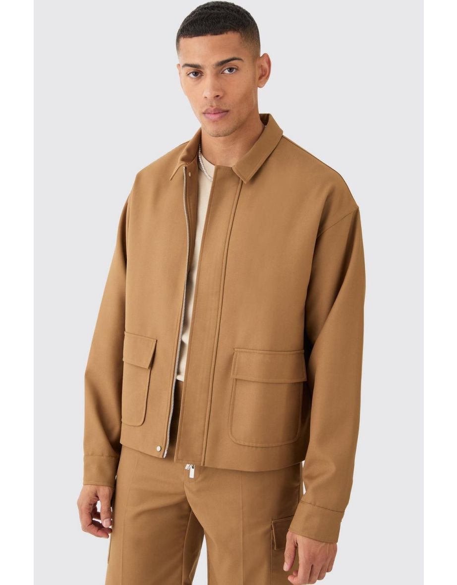 Tailored Regular Fit Pocket Front Zip Up Harrington Jacket - mocha