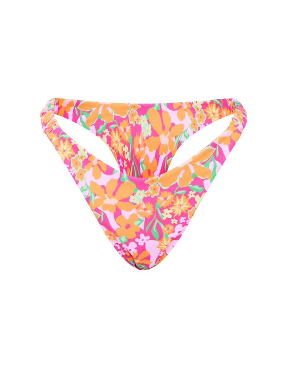Pink Floral Print Scrunchie Strap Bikini Bottoms - 2