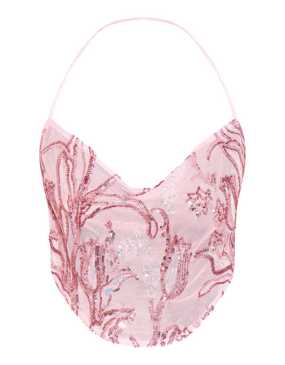 Baby Pink Floral Sequin Strappy Crop Top - 4