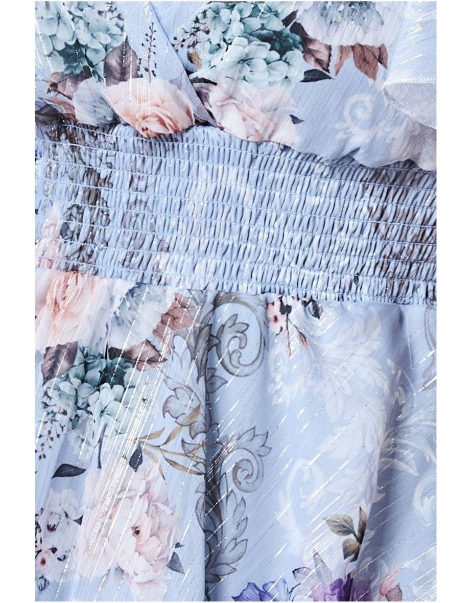 Goddiva Layered Floral Midi Flutter Sleeves - Bluefloral - 4