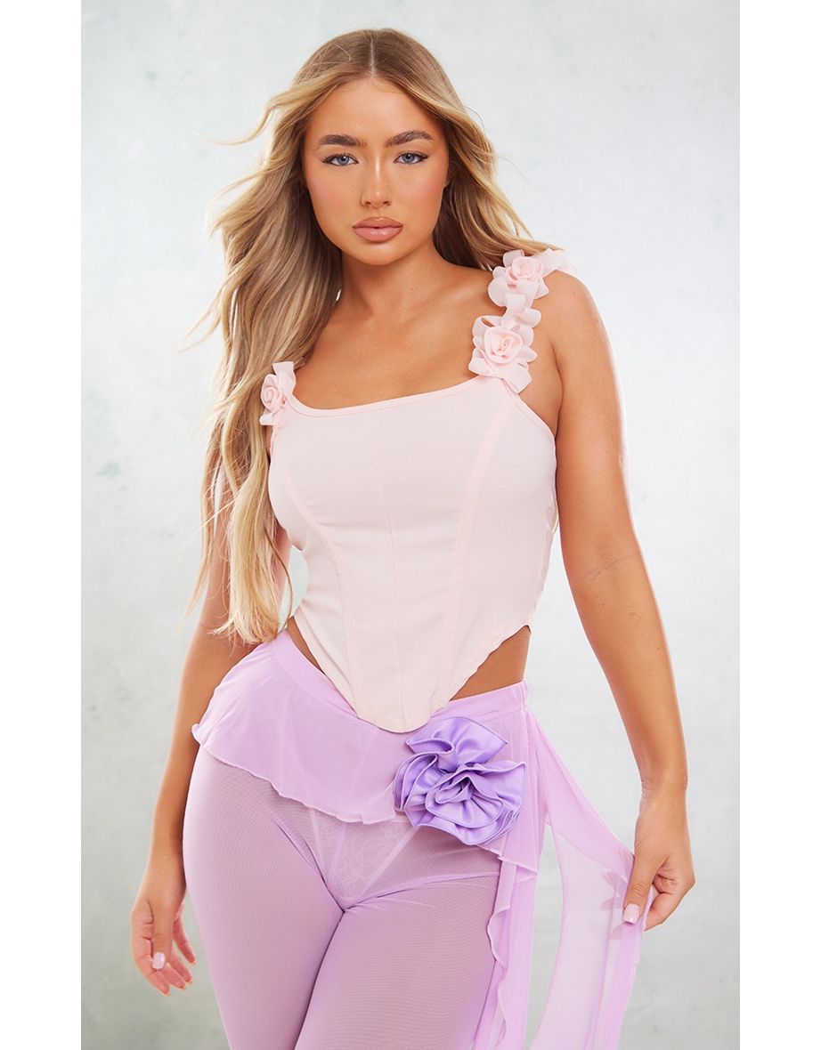 Pale Pink Stretch Woven Corset Top Floral Detail