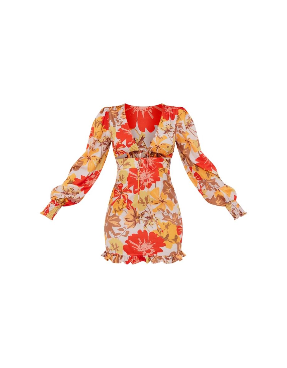 Orange Floral Tie Front Frill Hem Shift Dress - 4
