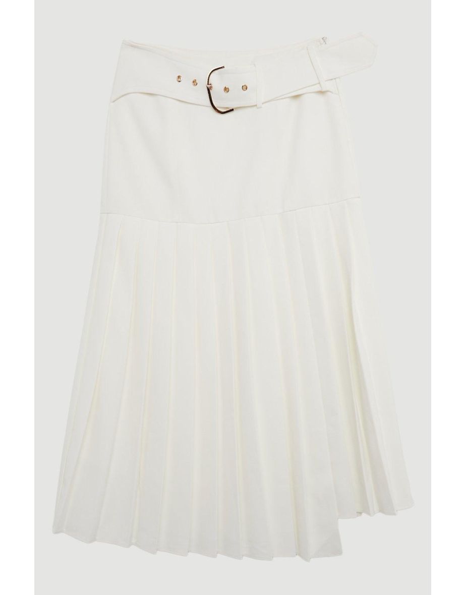 Twill Woven Belt Detail Pleated Midi Skirt - 3