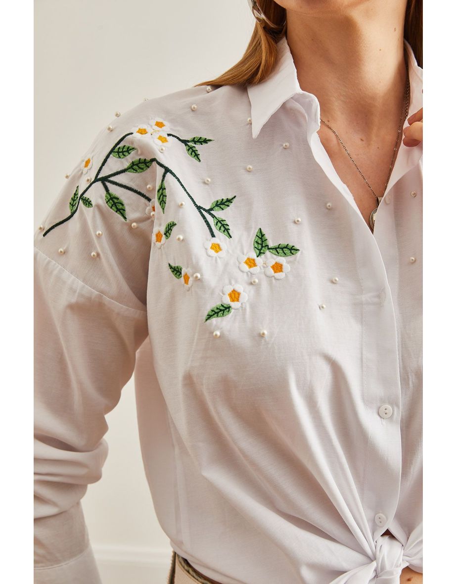 Women's Daisy White Embroidery Detailed Oversize Woven Shirt - 6