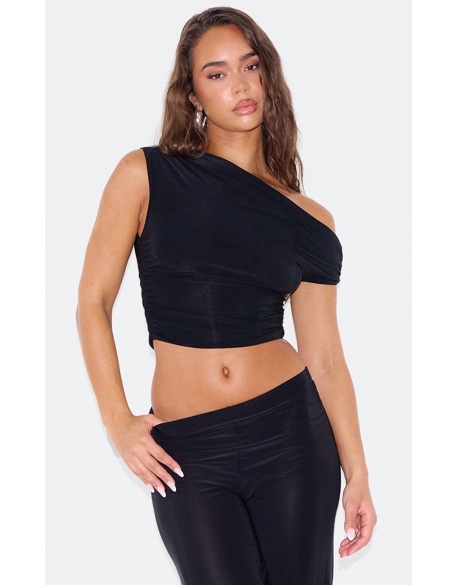 Black Slinky Twist Off The Shoulder Top