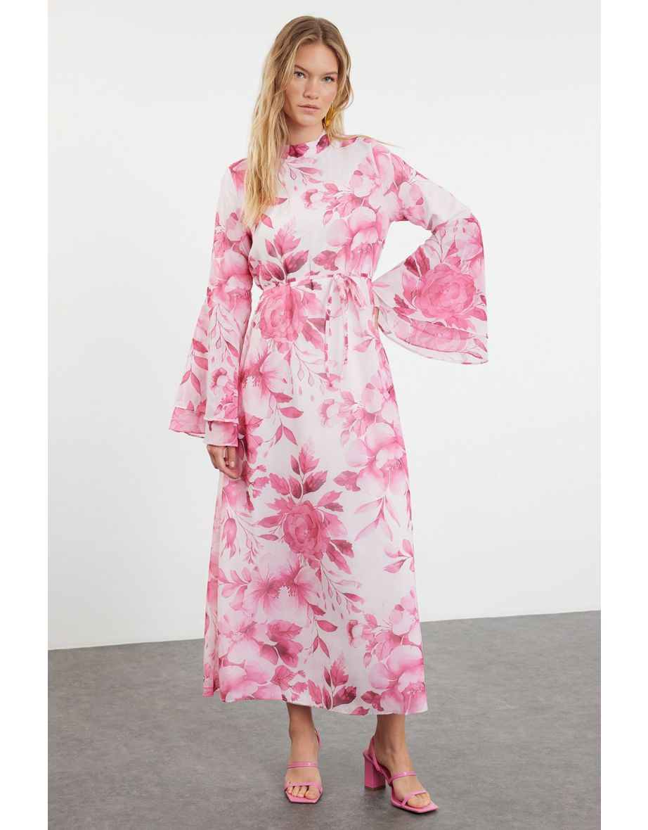 Fuchsia Lined Woven Chiffon Floral Pattern Dress - 6