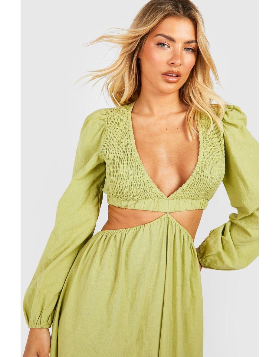 Linen Shirred Detail Cut Out Maxi Dress - lime - 3
