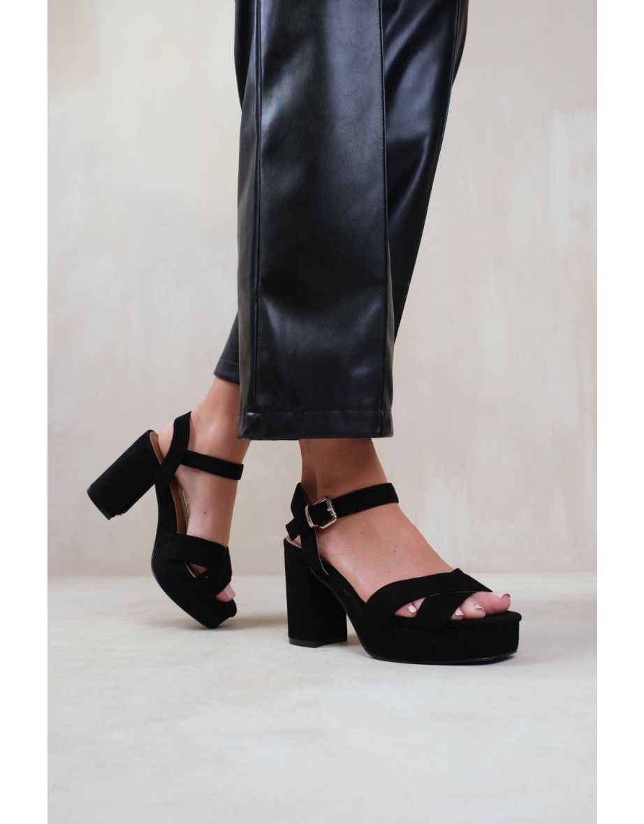 Shop MARCIA EXTRA WIDE FIT STATEMENT PLATFORM STRAPPY BLOCK HIGH HEELS IN BLACK SUEDE Online in Qatar VogaCloset