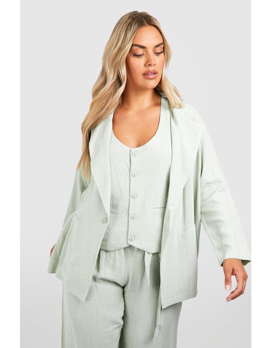 Plus Linen Oversized Blazer - sage - 3