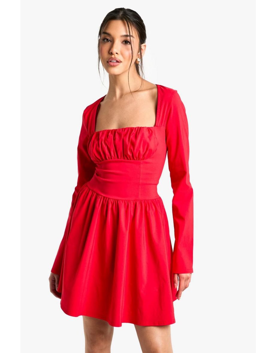 Bengaline Corset Long Sleeve Skater Dress - red