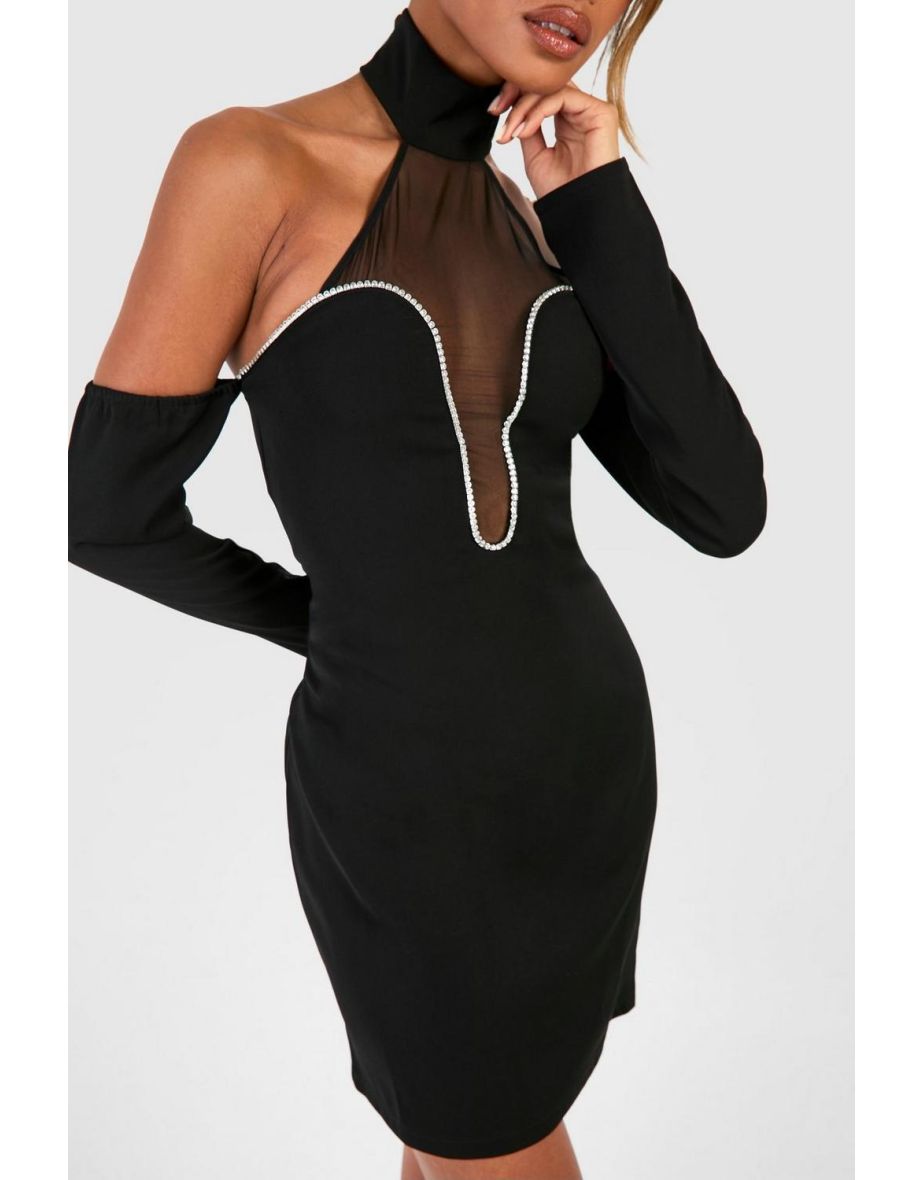 Diamante Trim Halterneck Mini Dress - black - 3