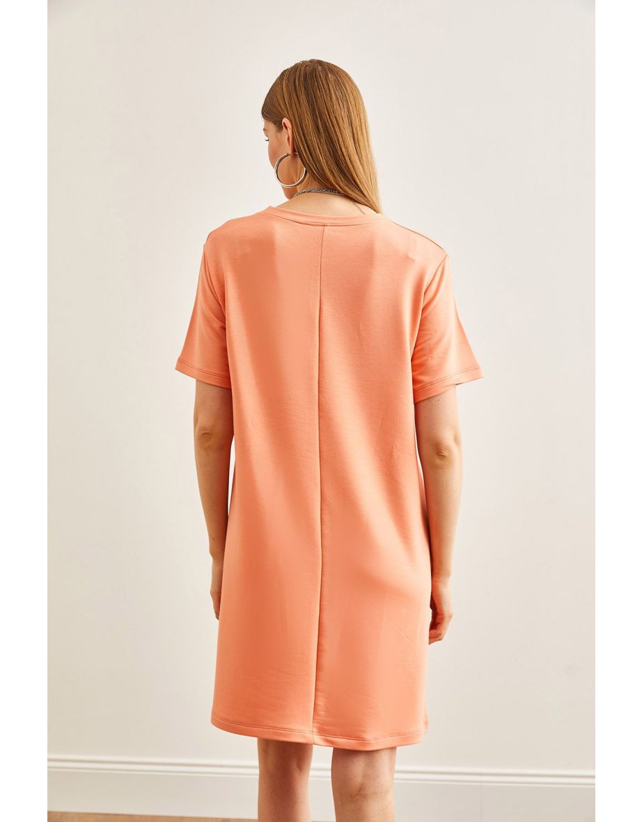 Women's Salmon Front Stitched Soft Textured Mini Dress - 4