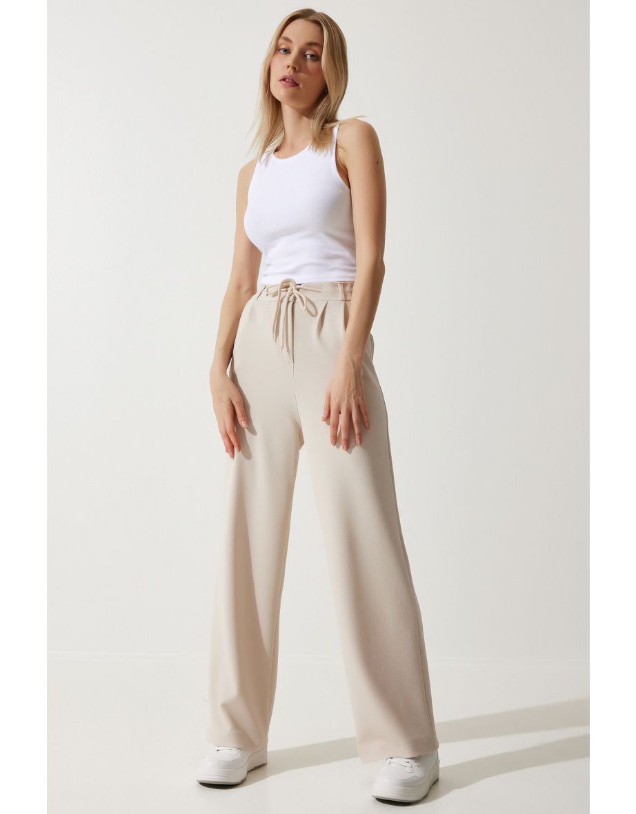 Women's Cream Wide Leg Sweatpants - 4