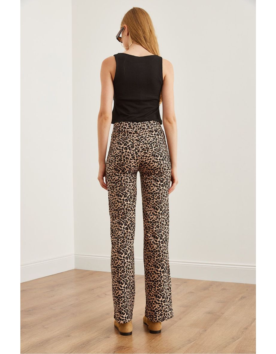 Women's Leopard Beige High Waist Suede Textured Wide Leg Pants - 5