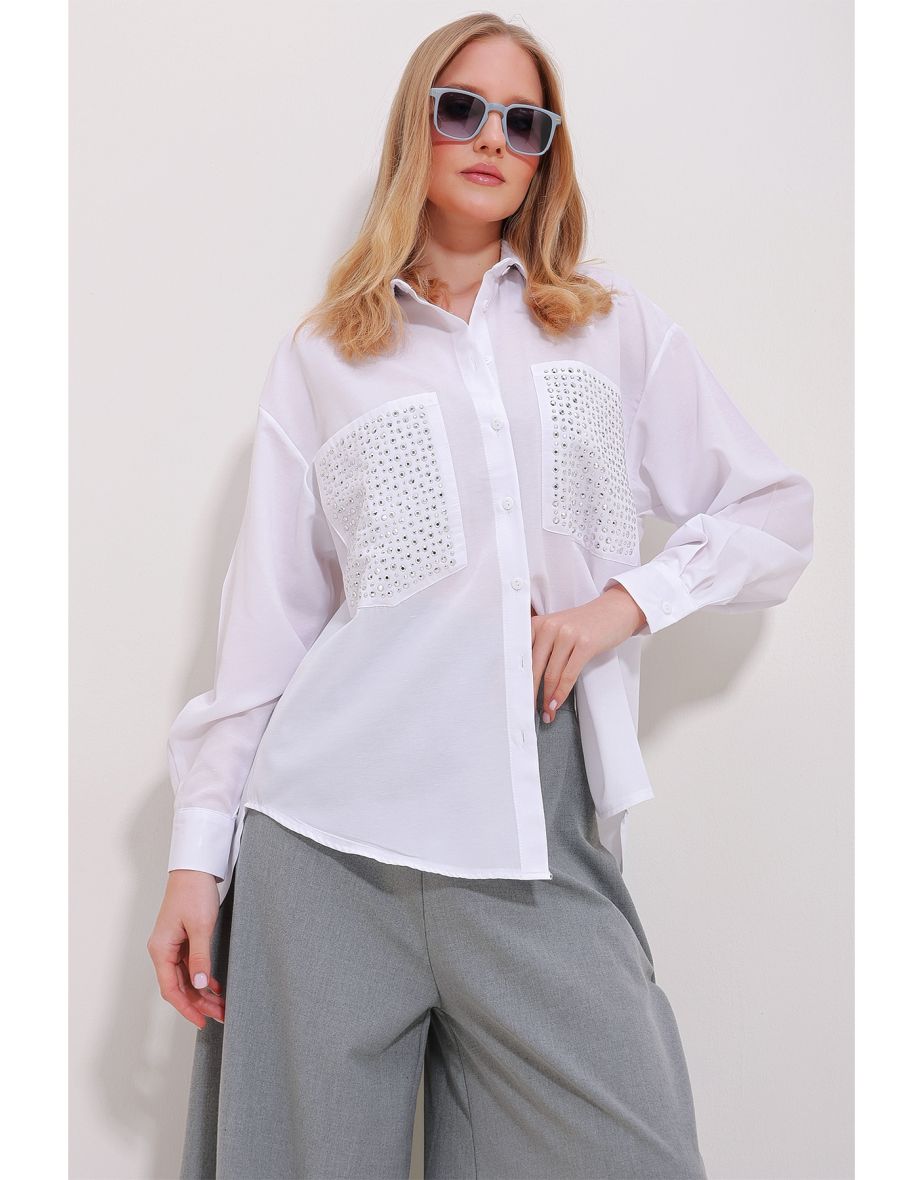 Women's White Double Pocket Trog Embroidered Terrycoton Oversize Shirt - 3