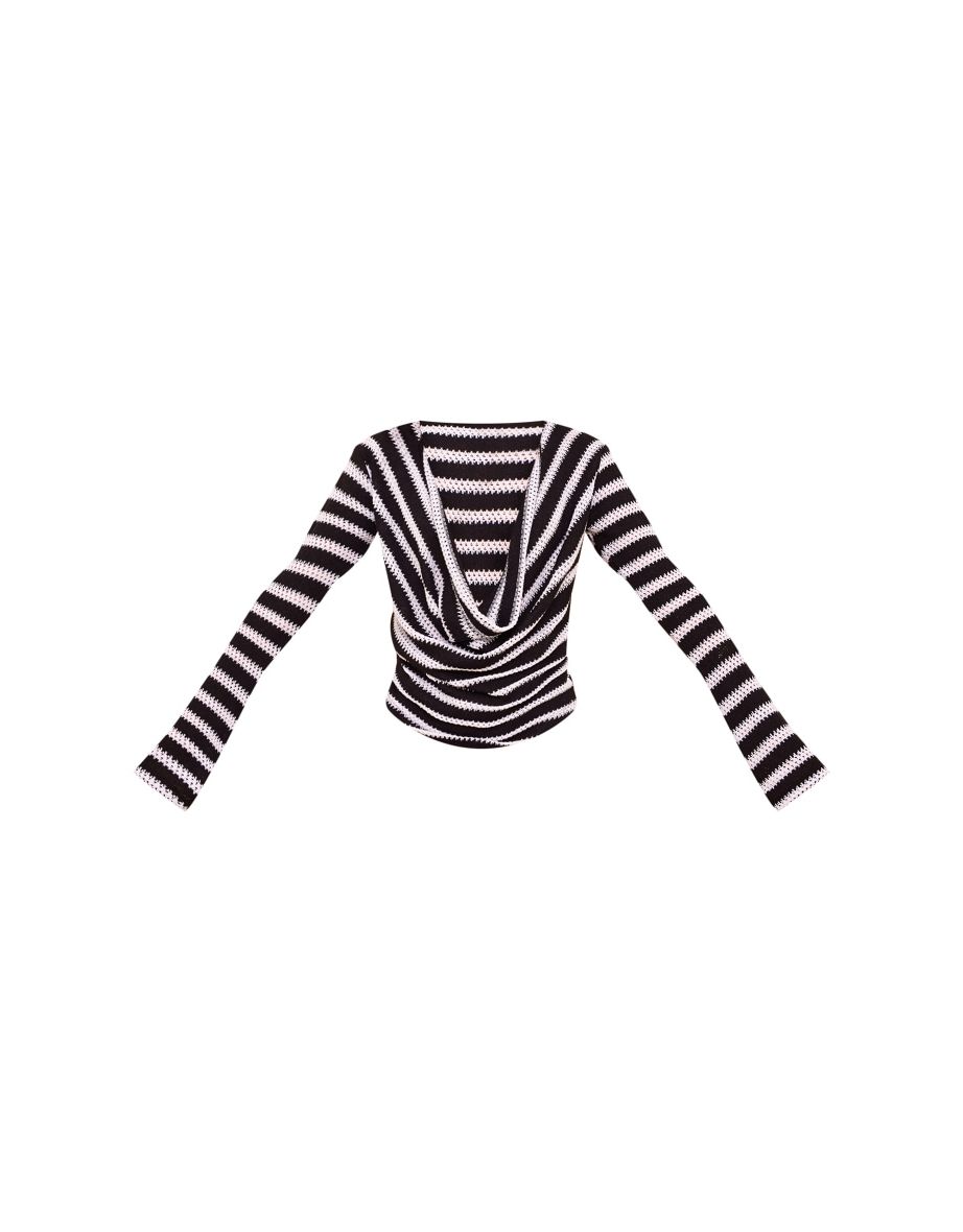 White Striped Textured Rib Long Sleeve Drape Front Top - 4
