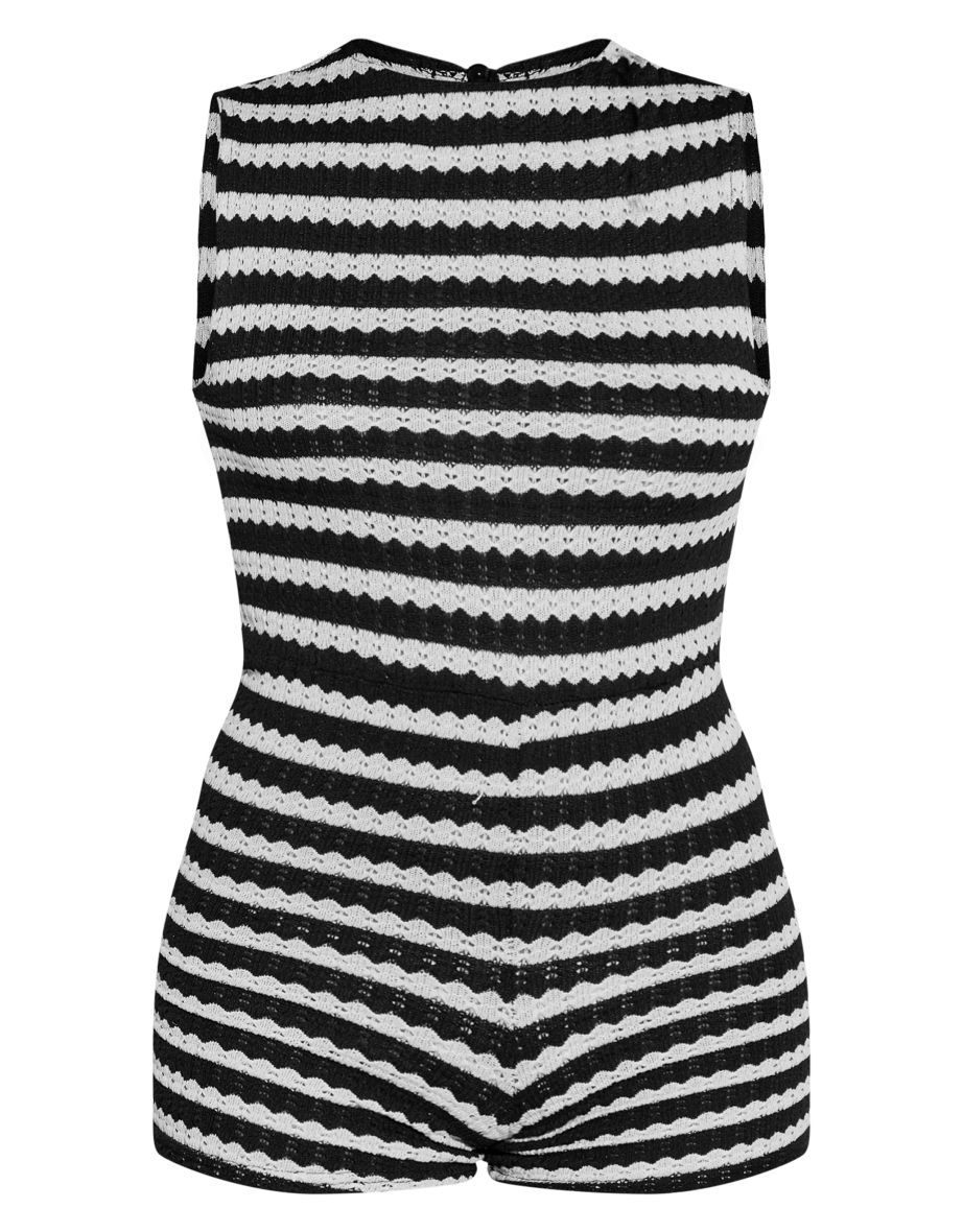 Black Striped Textured Jersey Racer Back Unitard - 4