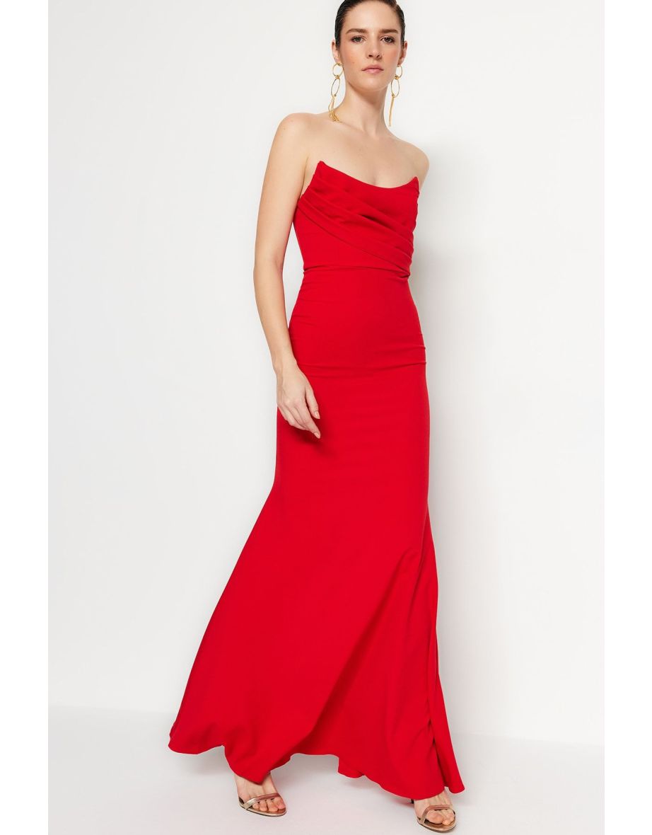 Red Strapless Mermaid Maxi Party Dress