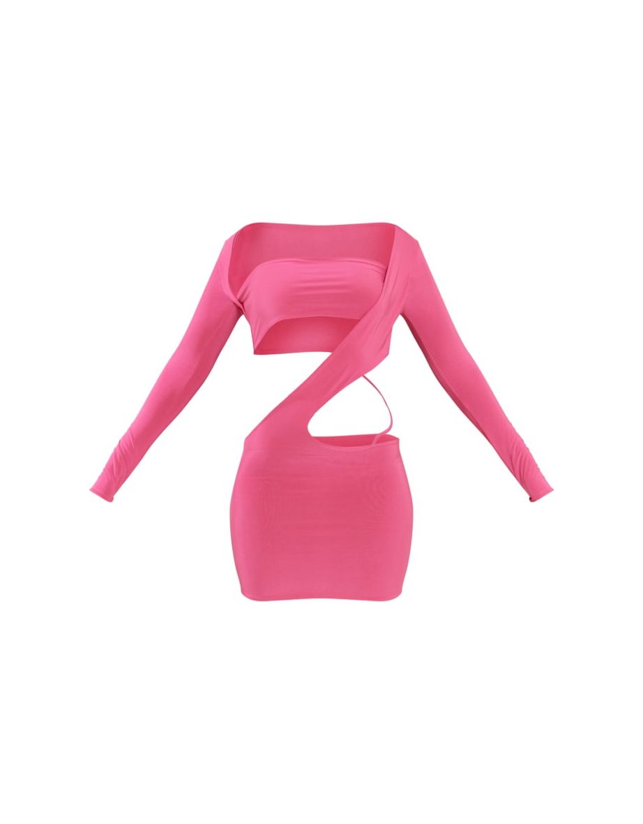 Shape Hot Pink Slinky Cut Out Long Sleeve Bodycon Dress - 4