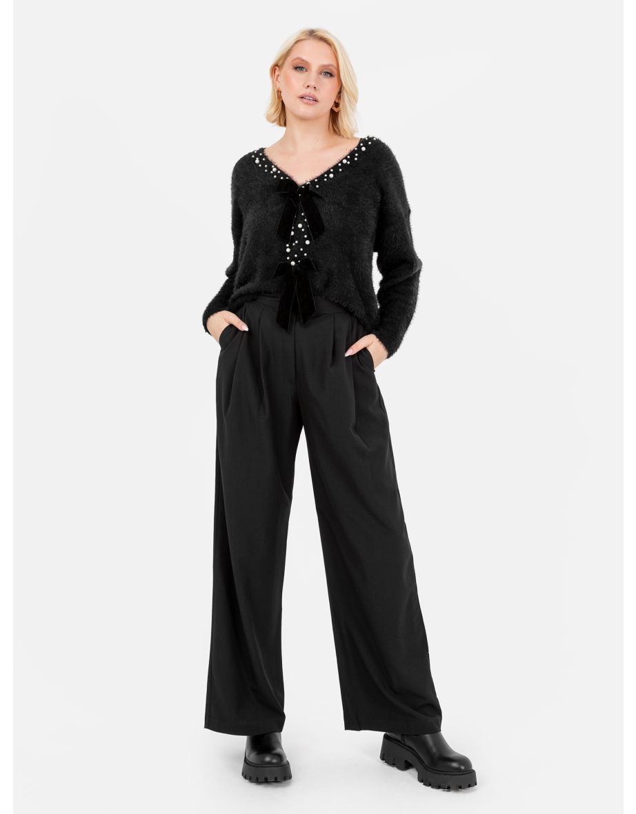 Lovedrobe Black Cardigan with Peral Trim & Velvet Bow Fastening