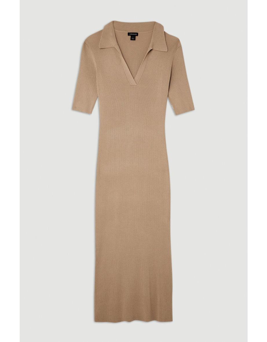Viscose Blend Collared Rib Knitted Midi Dress - 3