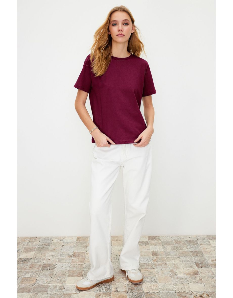 Dark Cherry 100% Cotton Basic Crew Neck Knitted T-Shirt