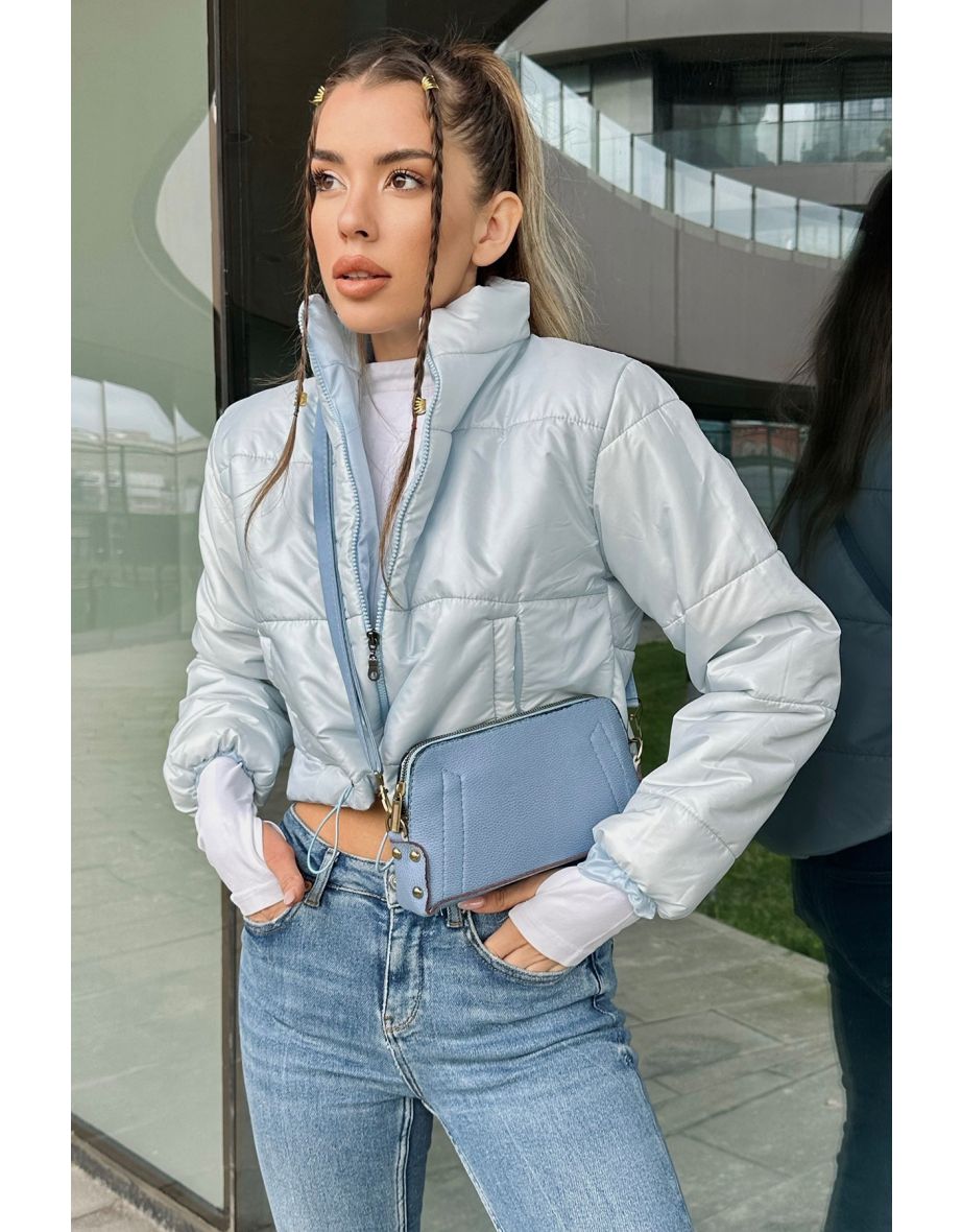 Women's Light Blue Standing Collar Double Pocketed Puffer Puffer Coat with Elastic Waist - 5
