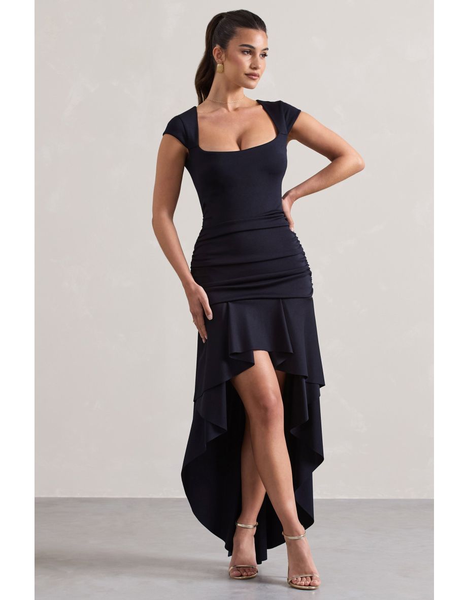 Parisa | Navy Ruched Short-Sleeve High-Low Maxi Dress