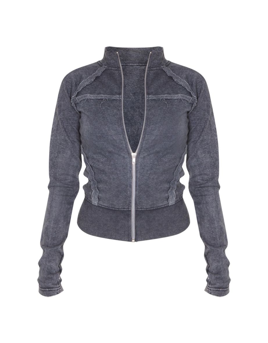 Charcoal Washed Zip Up Exposed Detail Fitted Sweatshirt - 4