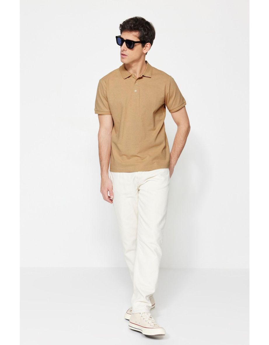 Beige Men's Basic Slim Short Sleeved 100% Cotton Polo Neck T-shirt