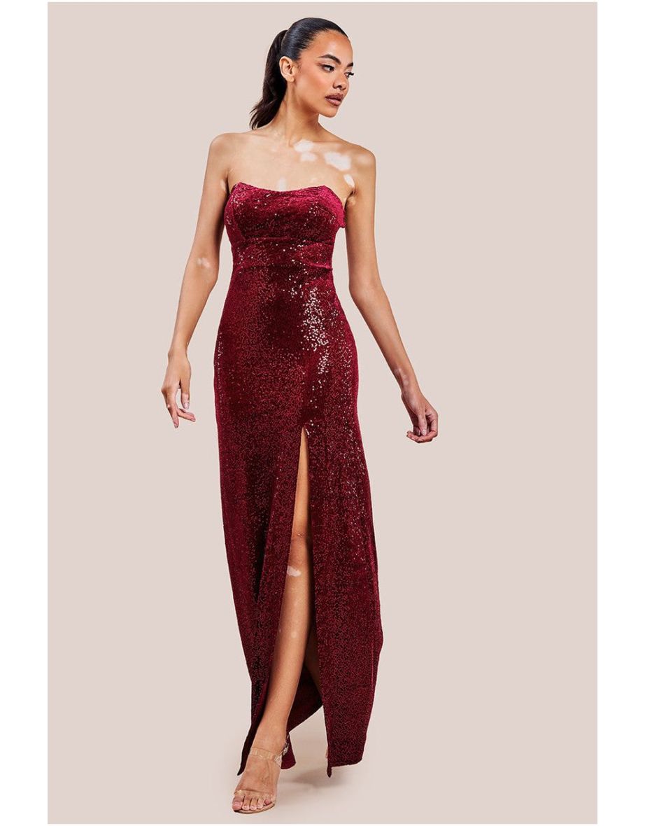 Goddiva Sequin Velvet Bandeau Maxi Dress - Wine