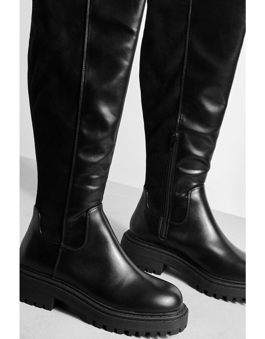 Stretch Back Chunky Knee High Boots - black - 3