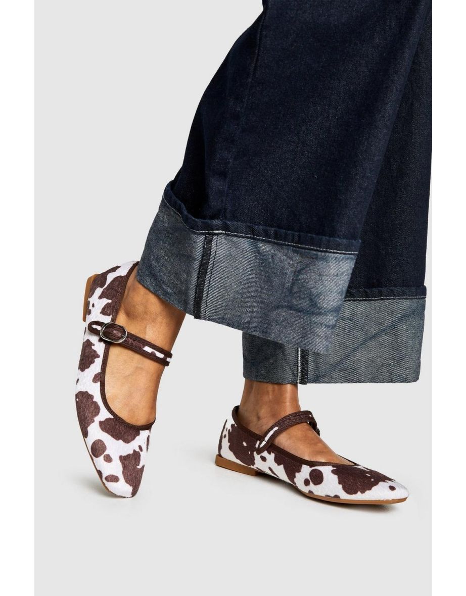 Cow Print Faux Pony Skin Mary Jane Ballets