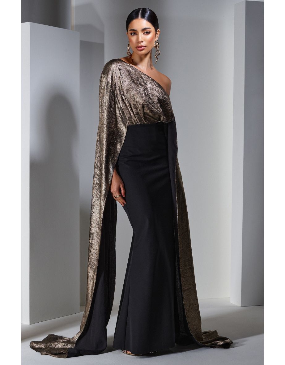 Alura | Black & Gold Metallic Asymmetric Cape Maxi Dress