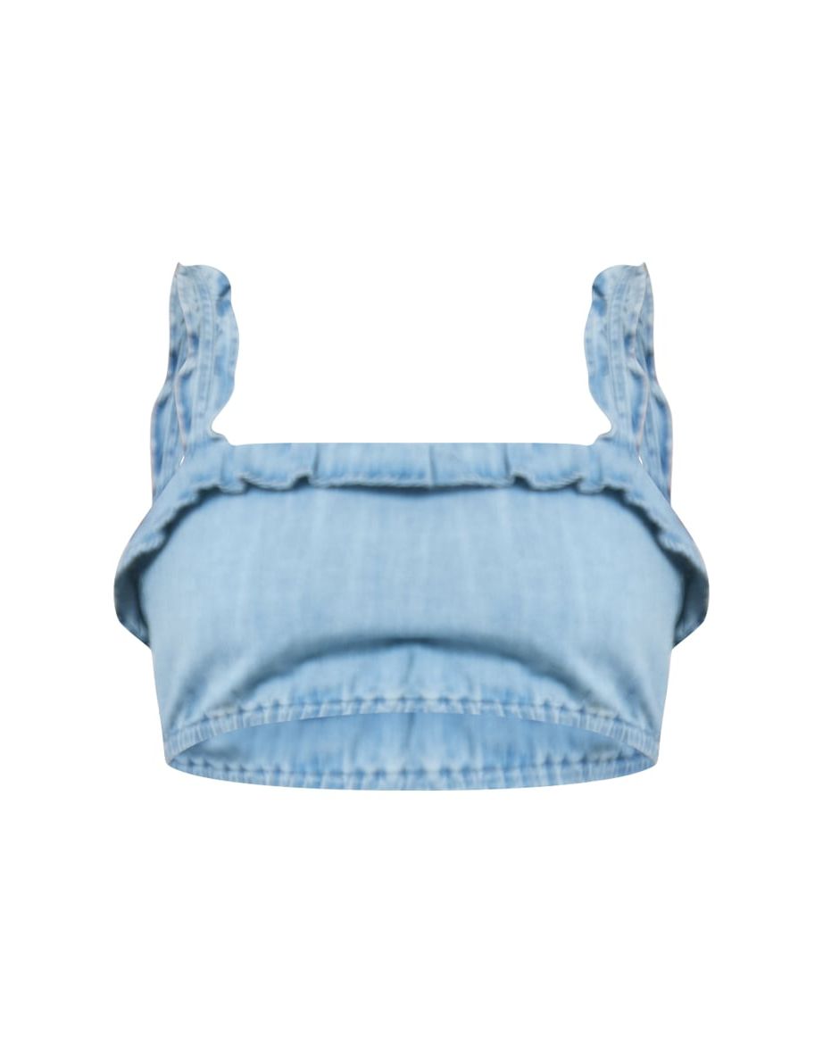 Light Blue Elasticated Hem Ruffle Lightweight Chambray Denim Top - 4