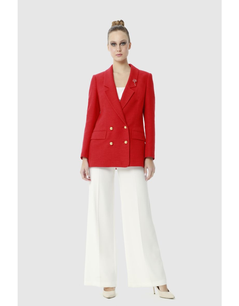 Casual Cut Red Tweed Blazer Jacket With Flower Brooch Detail