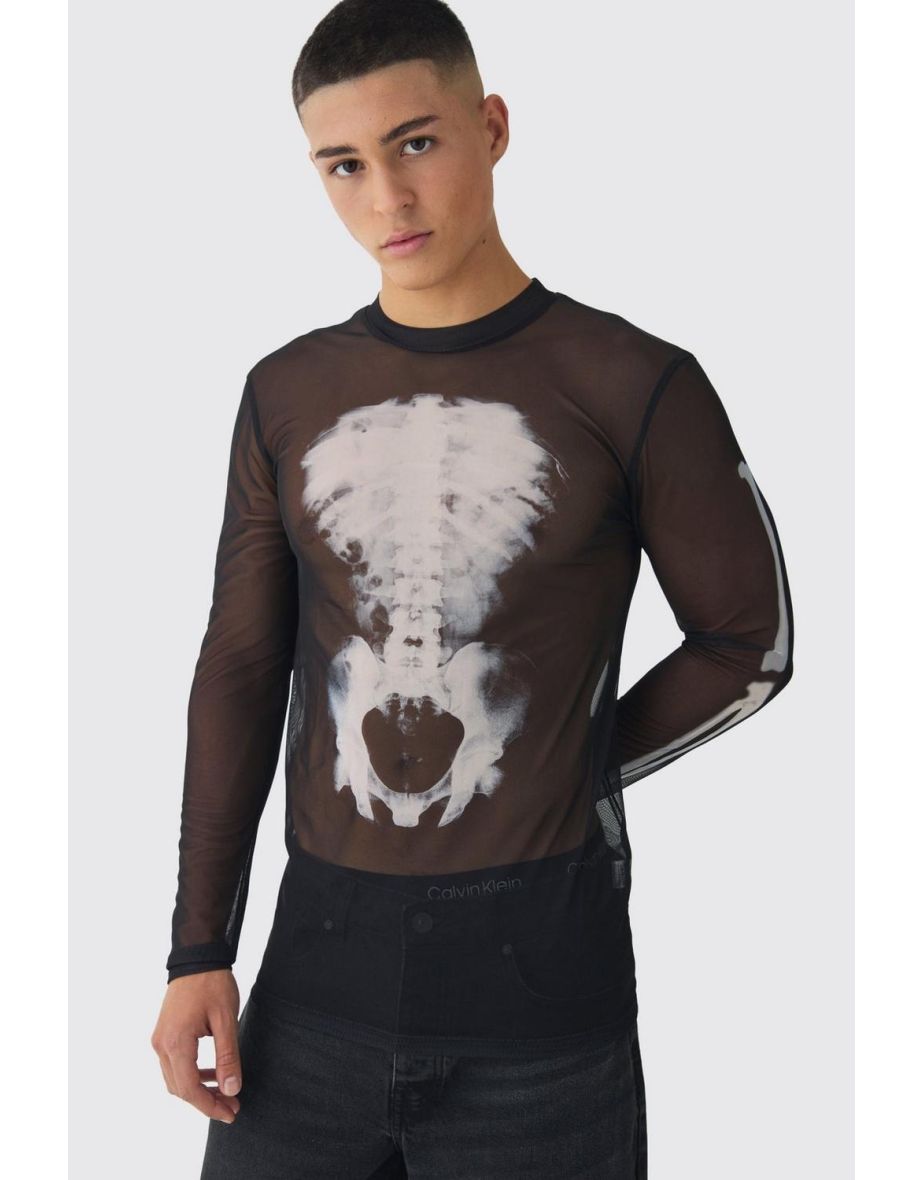 Muscle Mesh Skeleton Print Long Sleeve T-Shirt - black