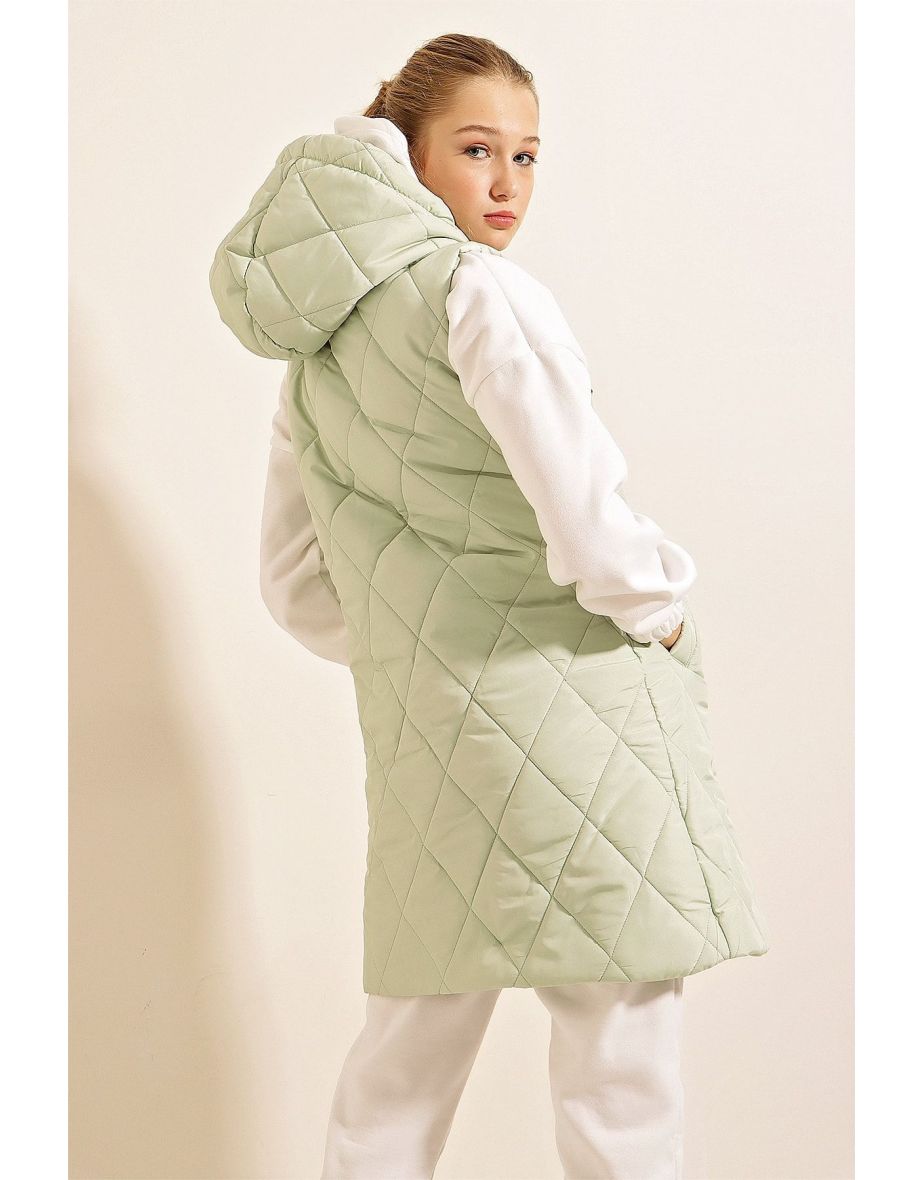 Green Hooded Long Puffer Vest - 5