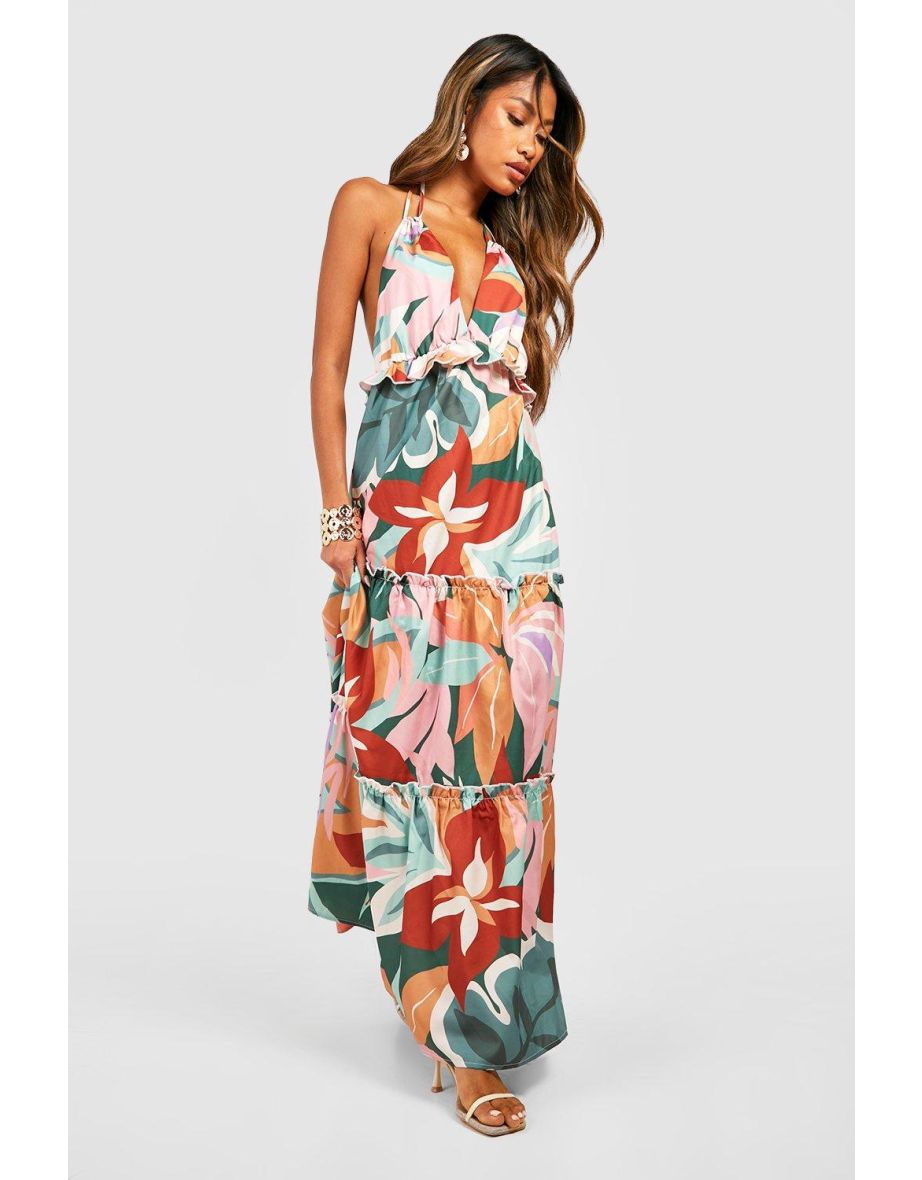 Shop Tropical Print Tiered Maxi Dress green Online in Qatar VogaCloset